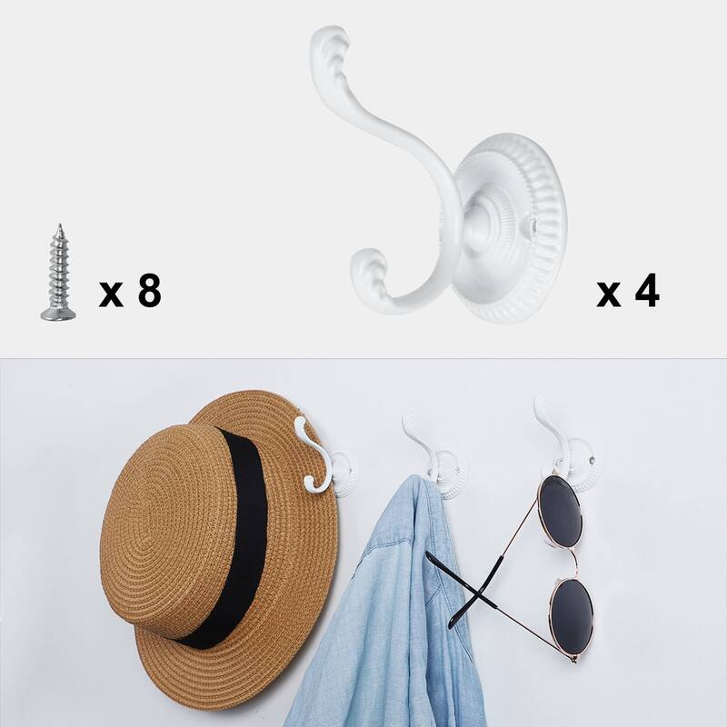 4pcs Dual Robe Hooks Zinc Alloy Bathroom Hooks Towel Hanger w Screws - 2.4" x 1.7" x 2.1"(L*W*H)