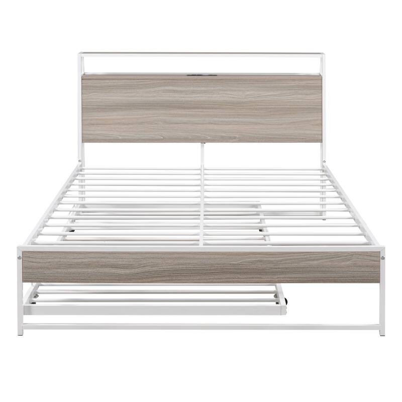 Full/Queen Platform Bed Frame with Trundle, USB Ports and Steel Slat Support, Metal and Wooden Bed Frame with Storage Headboard