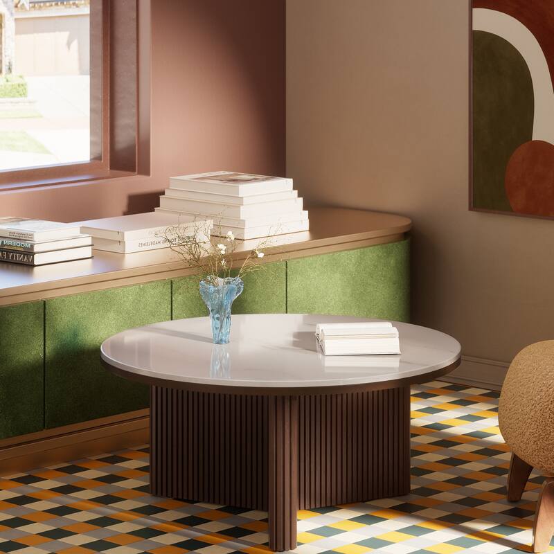 35" Round Coffee Table with Sintered Stone Top and Vertical-Groove Column Base for Living Room