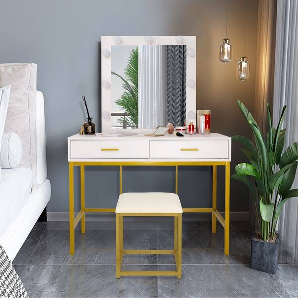 metal frame dressing table 2-Tier Makeup Vanity Table Stainless Steel Frame with 3 Drawers & Round  Mirror Set SmallHomary