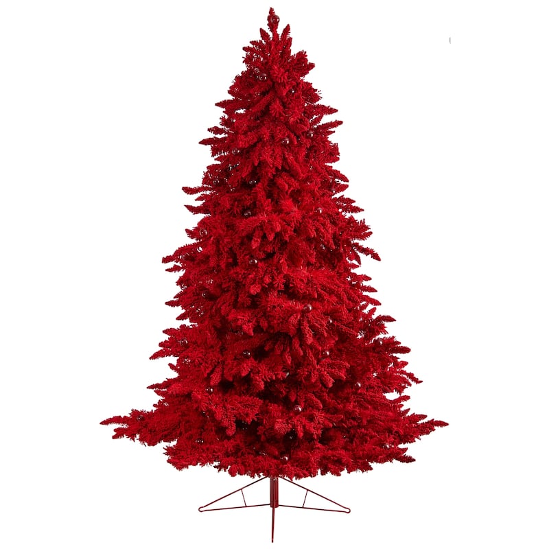 8ft. Red Flocked Fir Artificial Christmas Tree with 700 Red Lights, 45 Globe Bulbs & 1468 Branches - Bold X-Mas Statement Tree