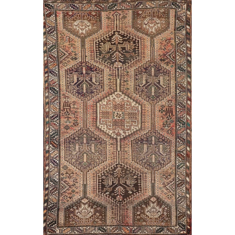 Tribal Geometric Qashqai Persian Antique Rug Hand-Knotted Wool Carpet - 5'0" x 7'11"