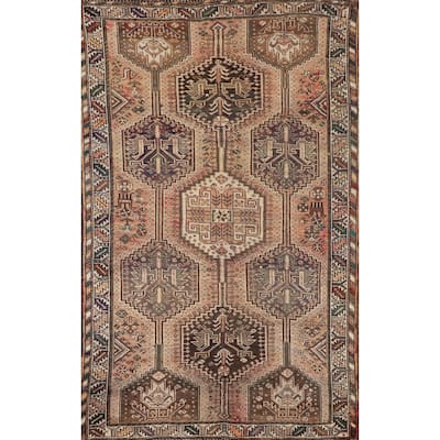 Tribal Geometric Qashqai Persian Antique Rug Hand-Knotted Wool Carpet - 5'0" x 7'11"