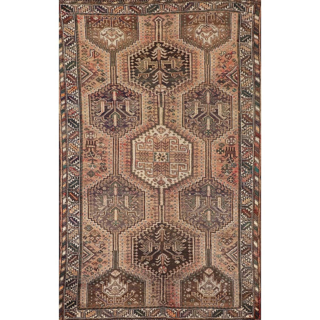 Tribal Geometric Qashqai Persian Antique Rug Hand-Knotted Wool Carpet - 5'0" x 7'11"