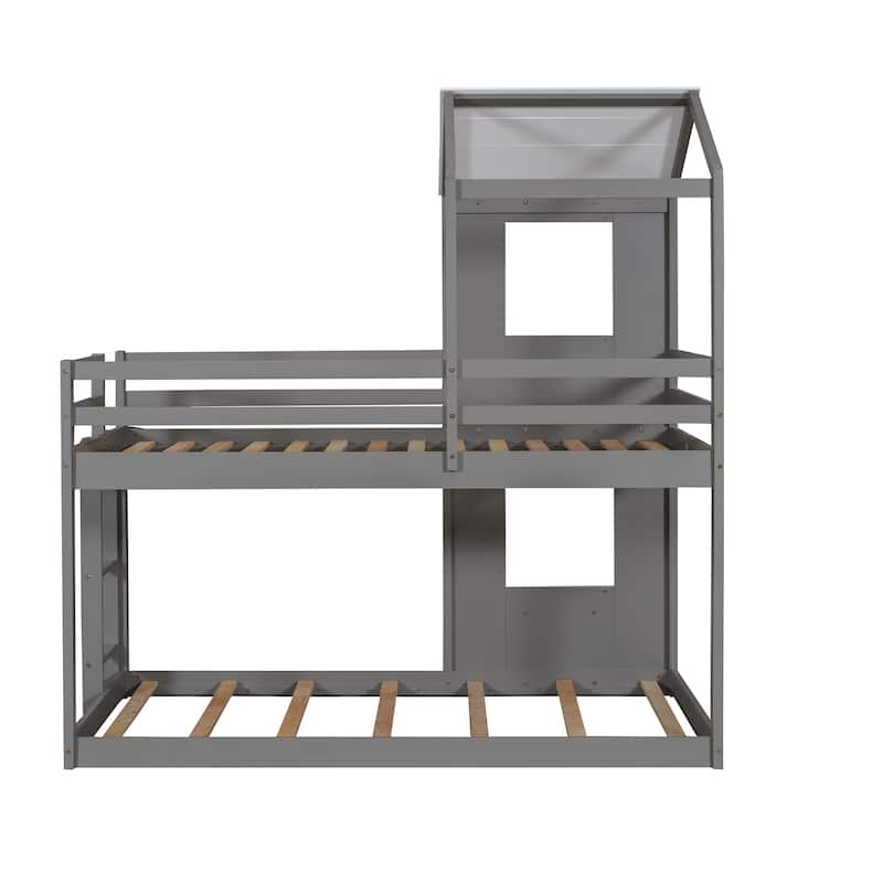Grey Twin over Twin Solid Wood Bunk Bed with Roof, Window, Guardrail, and Ladder