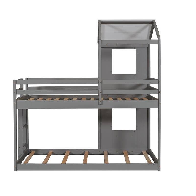 White Twin Over Twin Wood Bunk Bed with Roof, Window, Guardrail, and Ladder