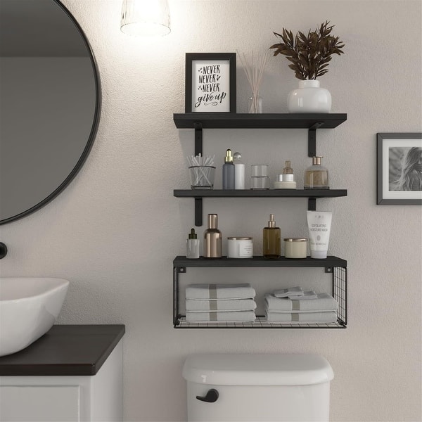 Floating Bathroom Shelf Wall Mounted with Wire Basket - Bed Bath ...