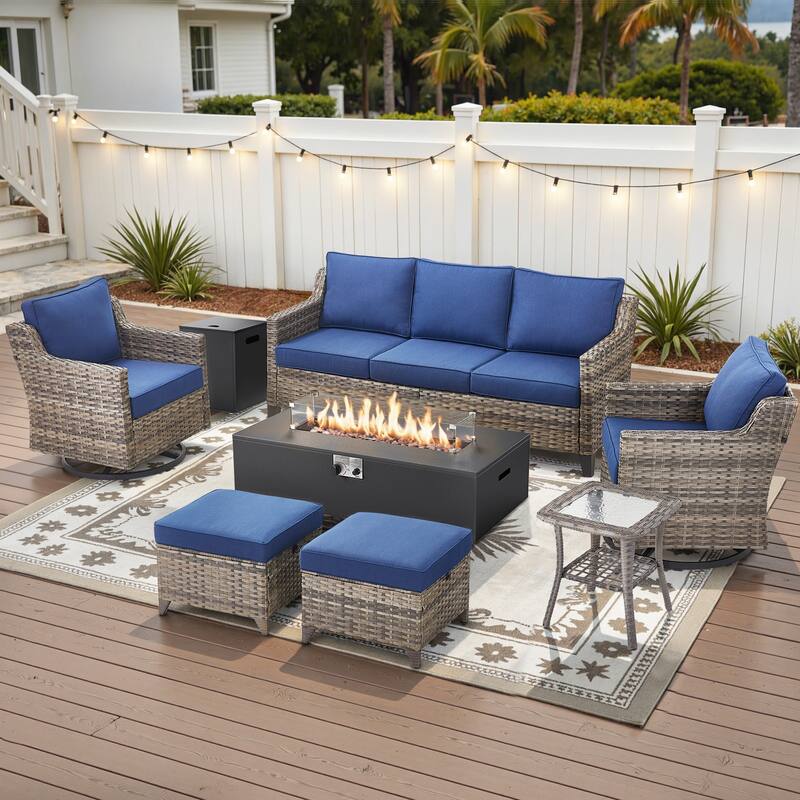 Glissia 7-Piece Gray Wicker Fire Pit Conversation Set with Modern Steel Fire Pit - Navy Blue Cushions - Gray Wicker