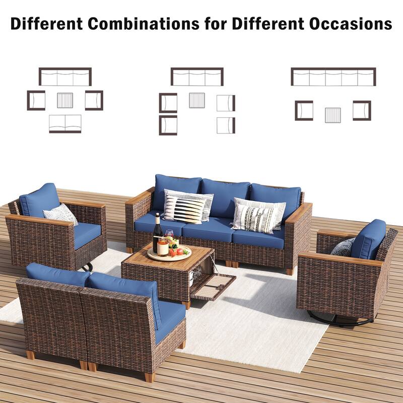 8-Piece Patio Furniture Set with Storage Table and Rattan Swivel Rocking Chairs, Outdoor Wicker Conversation Set for Backyard