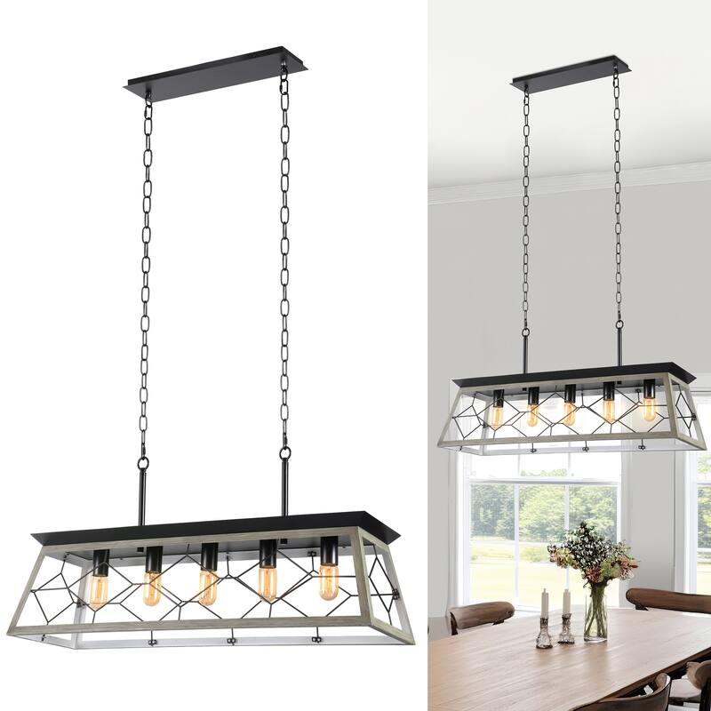 Moasis 5-Light Rectangle Farmhouse Rustic Chandelier For Kitchen Island