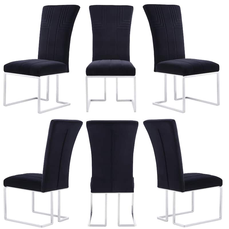 Modern Black Velvet Dining Room Chairs with Mirrored Silver Sled Legs - Set of 6