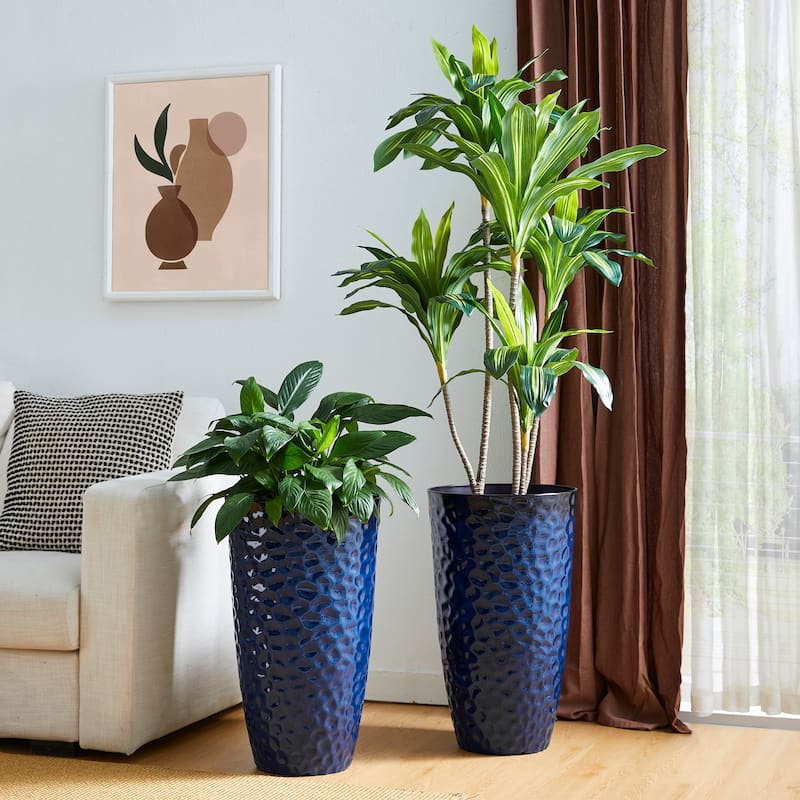 Glitzhome 23.75"H Set of 2 Oversized Eco-Friendly PP and Stone Honeycomb Textured Blue/Green/Red Tall Plastic Planter - Blue