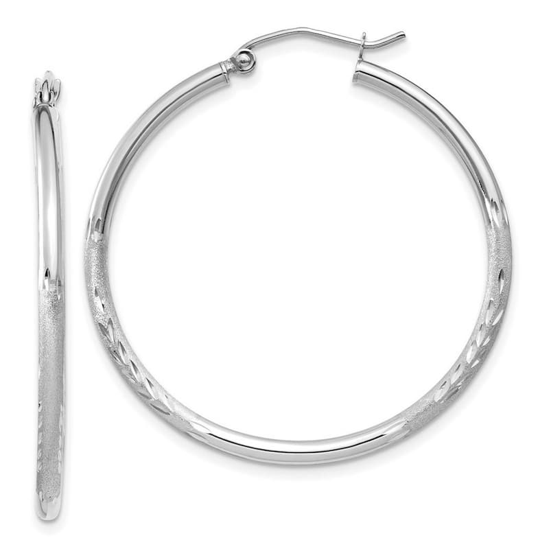 Curata 10k White Gold 2mm Satin and Sparkle Cut Round Hoop Earrings - 13mm - 65mm