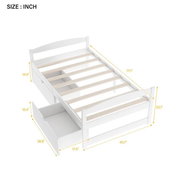Twin Platform Kids Bed with 2-Drawers, Space-Saving Pine Wood Frame, White