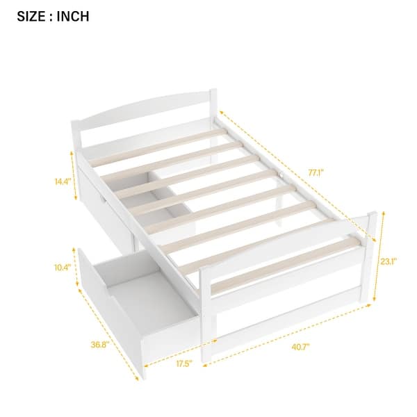 dimension image slide 2 of 3, Twin Size Platform Bed with Two Drawers - Space-Saving Design, High-Quality Pine Wood