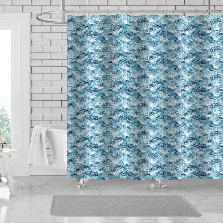 Deniz 13 Piece Seashell Printed Canvas Shower Curtain with Hooks, Blue-Teal, 70x72 Inches