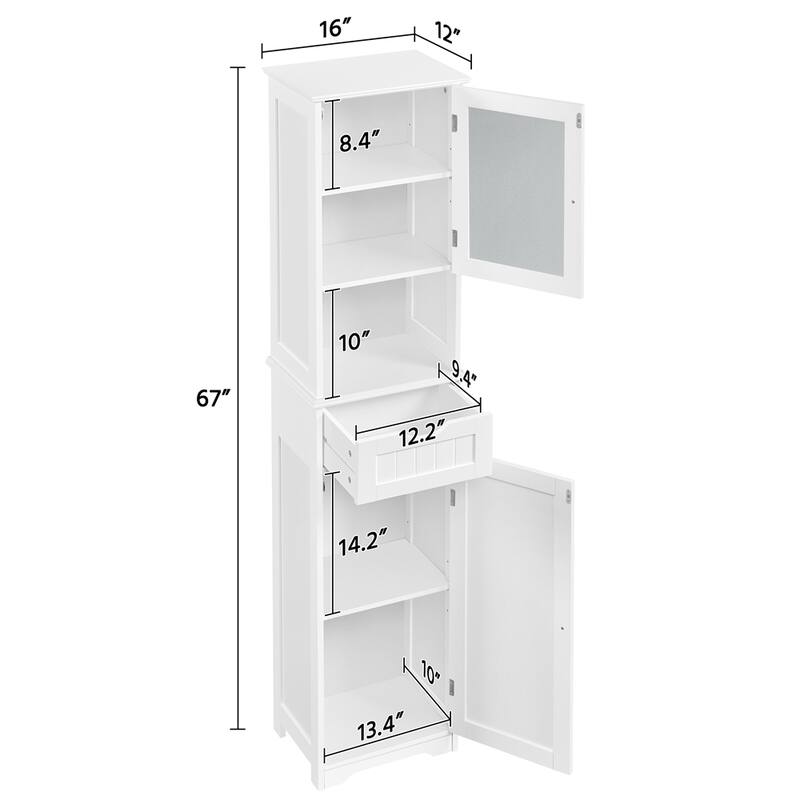 Yaheetech Freestanding Storage Cabinet Kitchen Cupboard with Glass Door, White - N/A