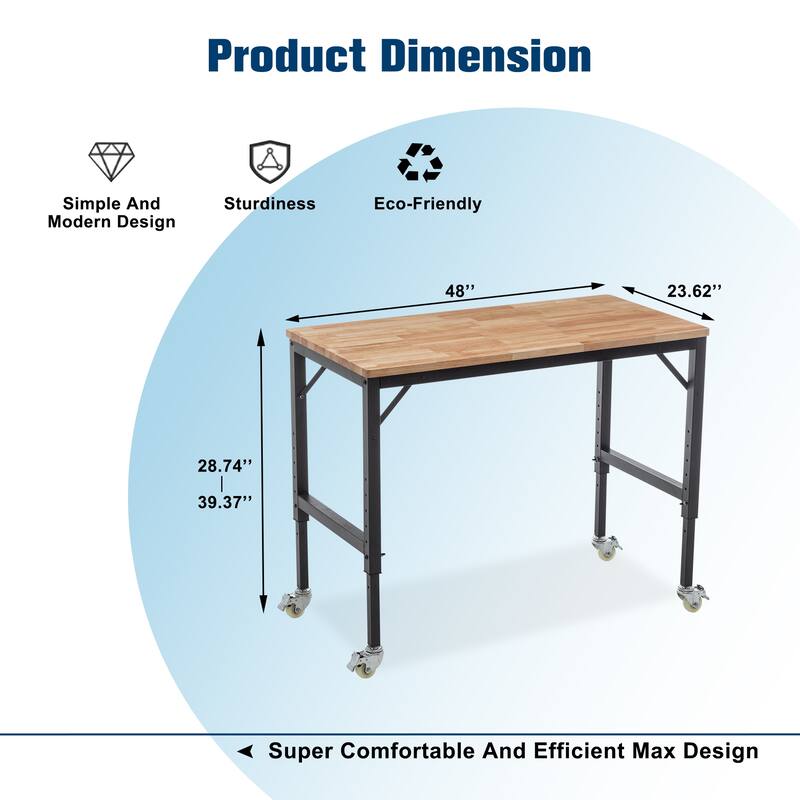 Industrial Workbench Desk with Adjustable Height and Heavy Duty Wheels for Garage and Workshop or Home Office Use