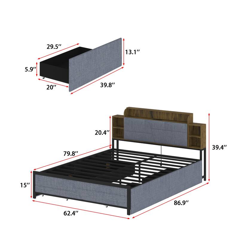 French Queen Size Bed Frame Platform with Brown/Black Storage Headboard & 4 Storage Drawers