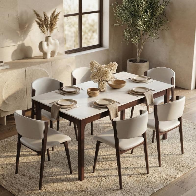 Mina Sintered Stone Rectangular Dining Table - Modern Scratch & Heat Resistant Kitchen Table with Solid Rubberwood Legs