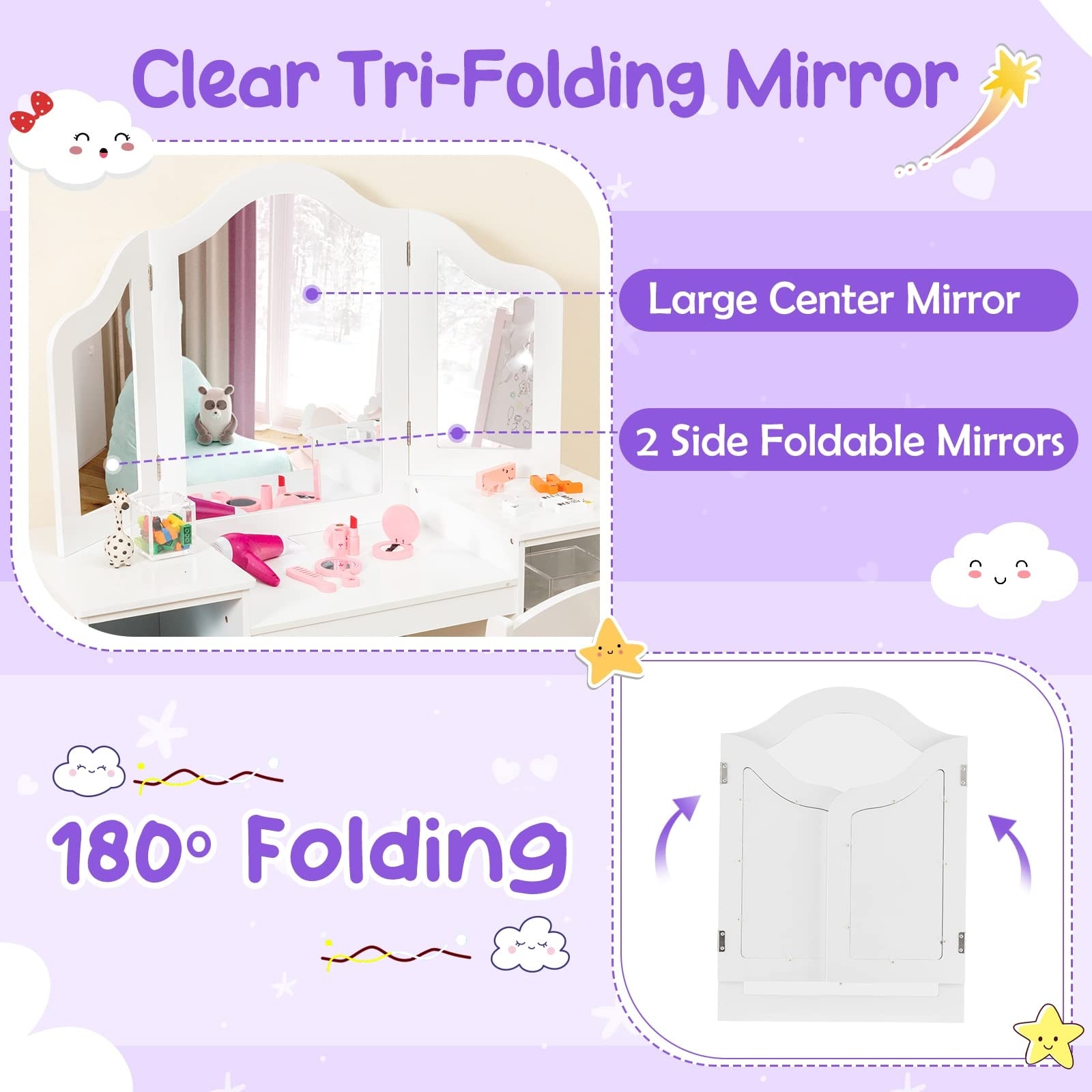 Kids Vanity Princess Makeup Desk Chair Set with Mirror Wooden Toddler Vanity Dressing Table Pretend Play Vanity Set Bed Bath Beyond 40553283
