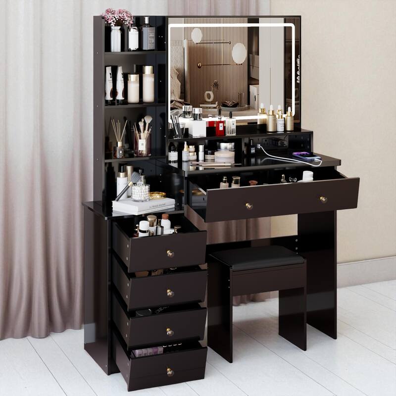 41" Vanity Table Set with Touch LED Mirror (3-Color), 2 AC + 2 USB Power Station, Hair Dryer Stand, Stool