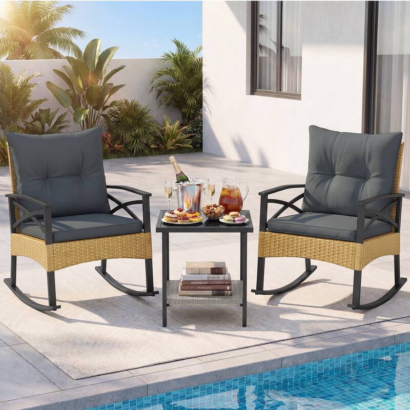 Gymax 3-Piece Rattan Rocking Bistro Set w/Tempered Glass Tabletop & - Grey