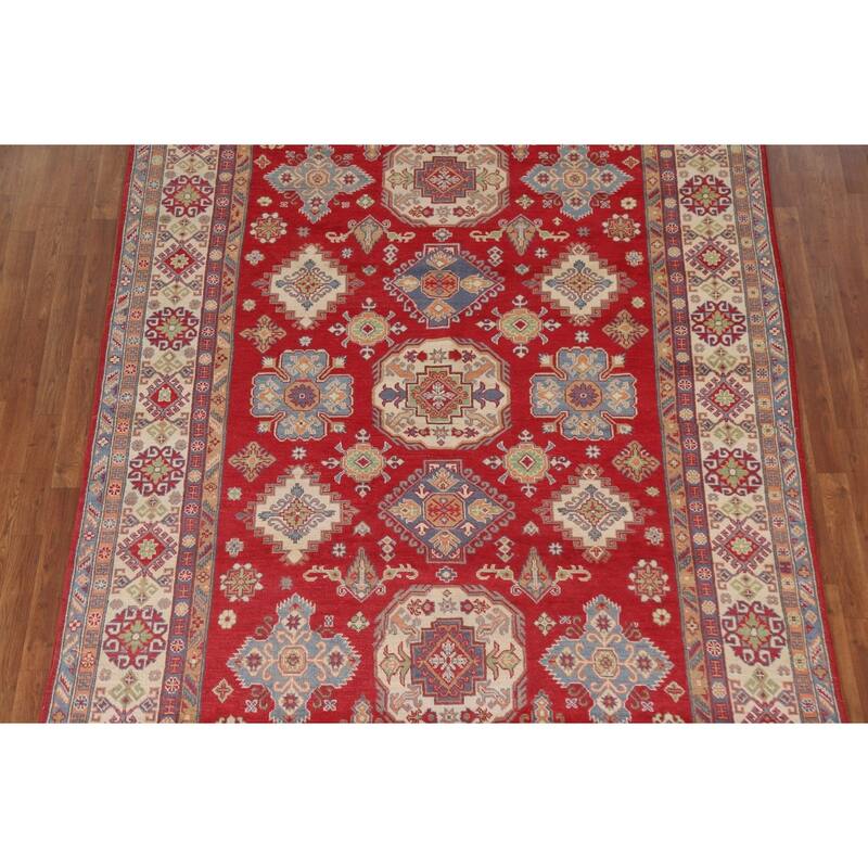 Hand Knotted Oriental 100% Wool Carpet Traditional Geometric Red Kazak Area Rug - 10' 0'' X 6' 11''
