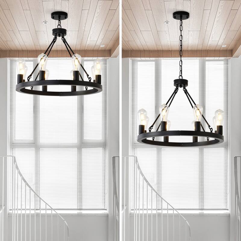 8-Light Matte Black Wagon, Wheel Chandelier Farmhouse, Modern Small Round Chandelier, for Living, Room