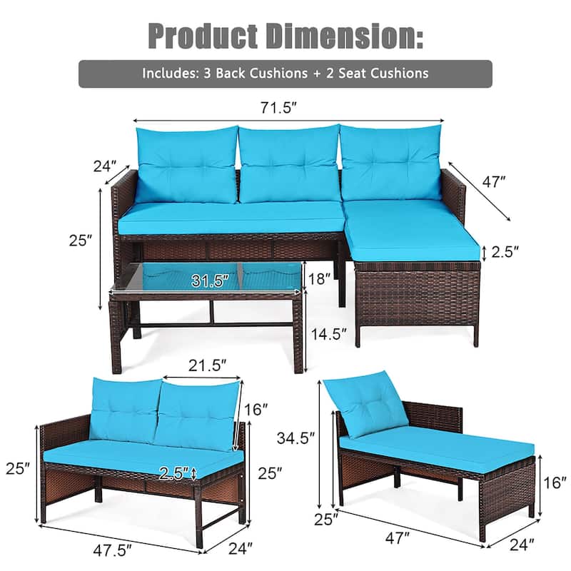 3 Pieces Outdoor Furniture Set Rattan Wicker Sofa Table Garden Patio