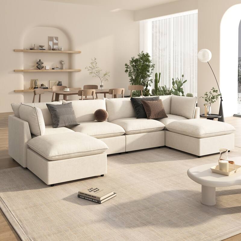 136.2" Polyester U-Shaped Sectional Sofa with 2 Chaises & Convertible Ottoman Design