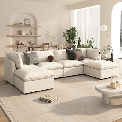 136.2" Polyester U-Shaped Sectional Sofa with 2 Chaises & Convertible Ottoman Design