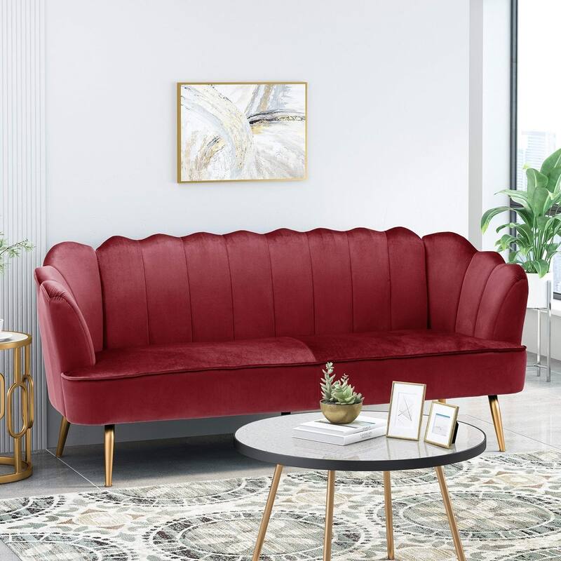 Natural Velvet Channel Stitched 3-seater Sofa with Metal Legs - Natural