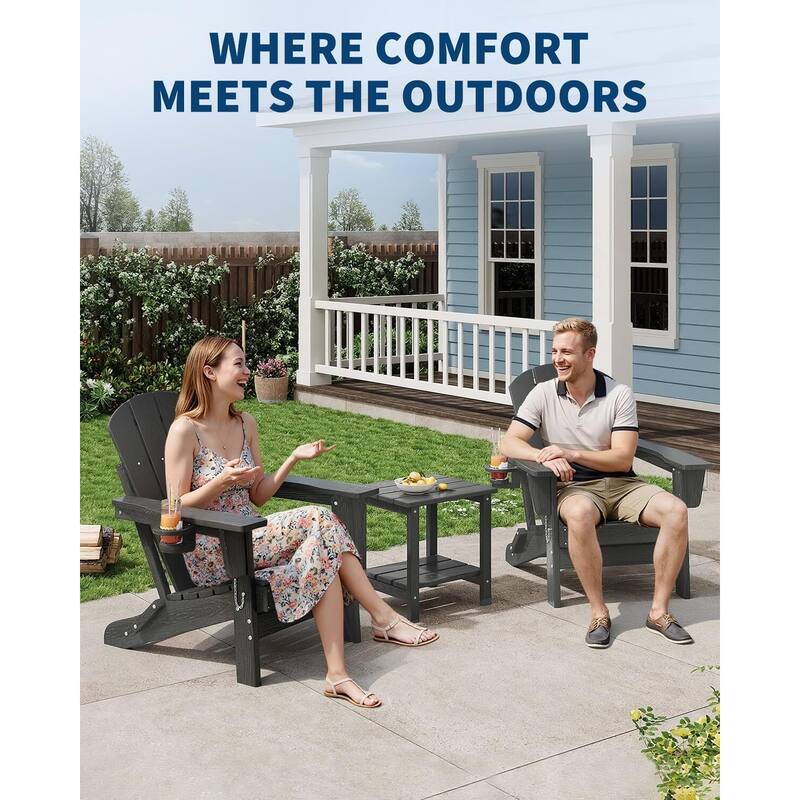 2-Pack Folding Adirondack Chairs HDPE All-Weather Outdoor Seating with Cup Holder and Wood-Look Texture