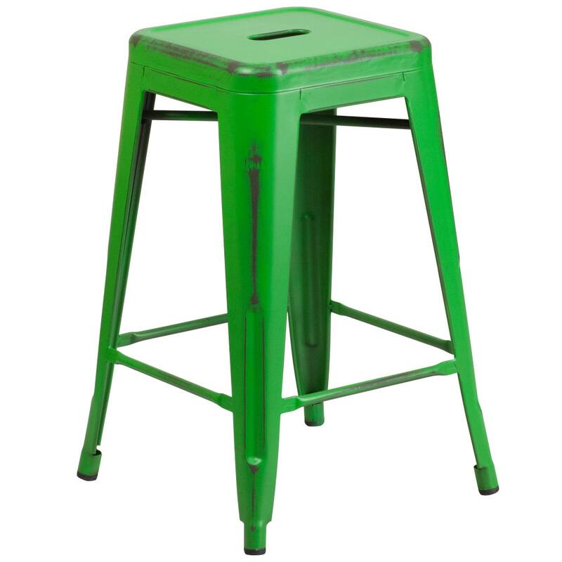 24" High Backless Distressed Metal Indoor-Outdoor Counter Height Stool