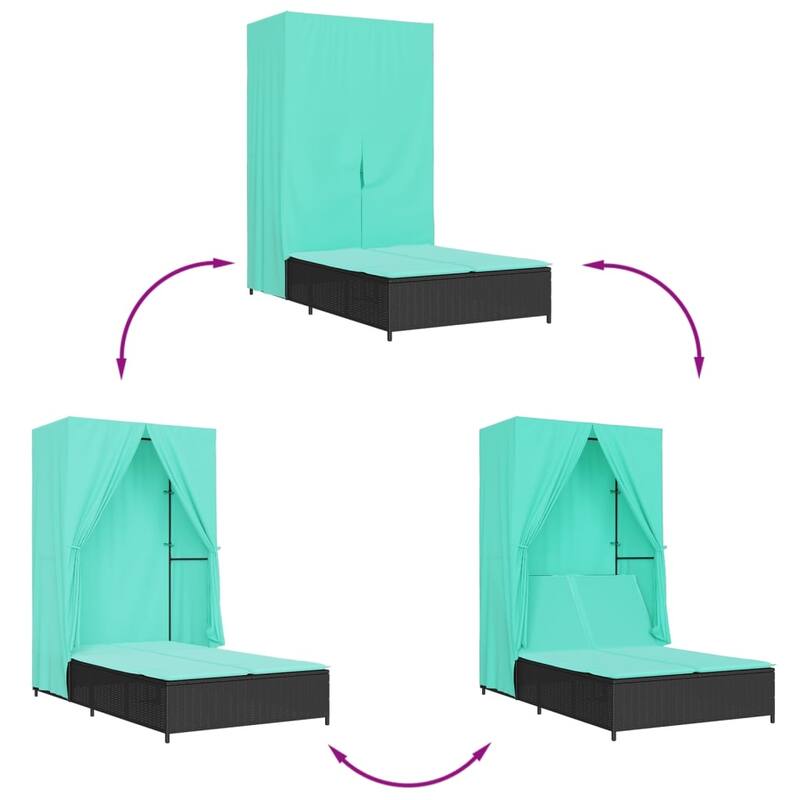 vidaXL Double Sun Lounger with Roof and Curtains Poly Rattan Brown/Gray/Black - 40.9" x 77.6" x 76"