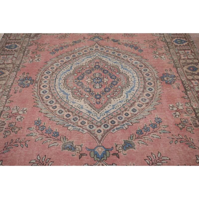 Pink Tabriz Vintage Persian Area Rug Hand-Knotted Wool Carpet - 6'8" x 9'9"