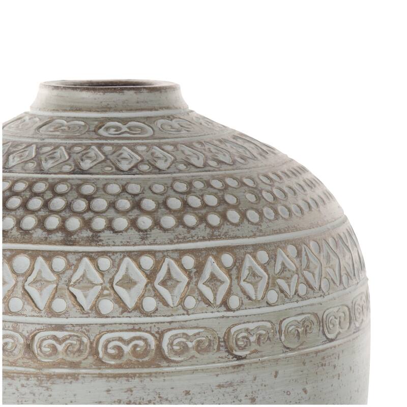 Ceramic Handmade Antique Style Decorative Vase with Geometric Tribal Carvings - Green - Roche River Decor