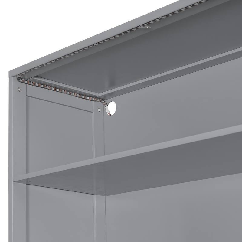 Full Size Wooden Daybed with Desk, Shelves, Drawers, and Lights in Gray