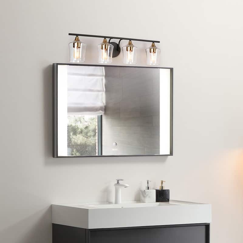 Modern Black Gold 2/3/4-Light Linear Bathroom Vanity Lights with Seeded Glass