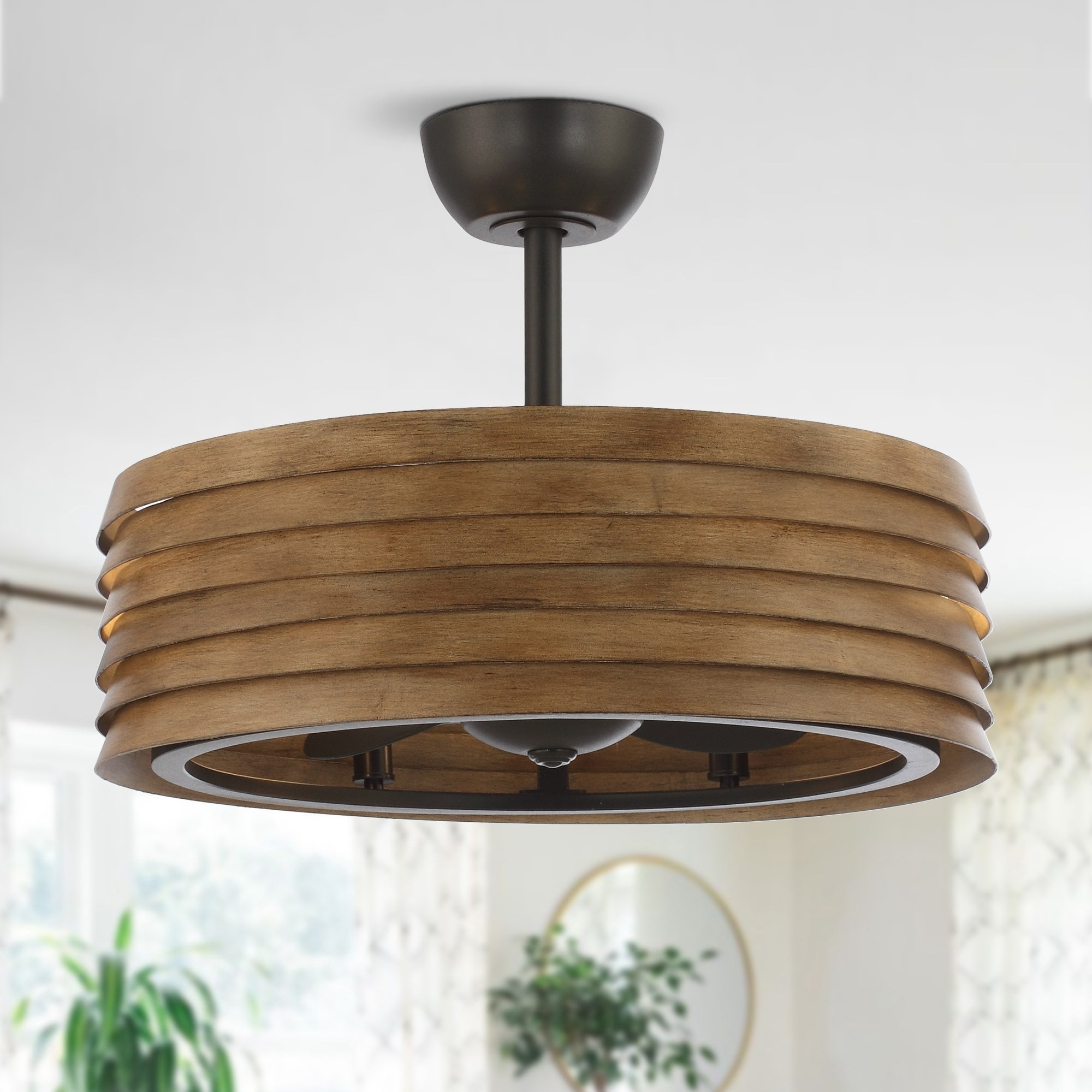 24-inch Rustic Faux Wood Caged Ceiling Fan with Remote Control