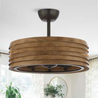 24.4" Farmhouse 3-Blade Wooden Caged LED Ceiling Fan with Remote