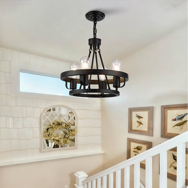 Four-Light Plug-In Pendant Lamp, Carriage Wheel Design, Circular Metal Pendant With 39.5-Foot Chain, For Bedrooms Dining Rooms