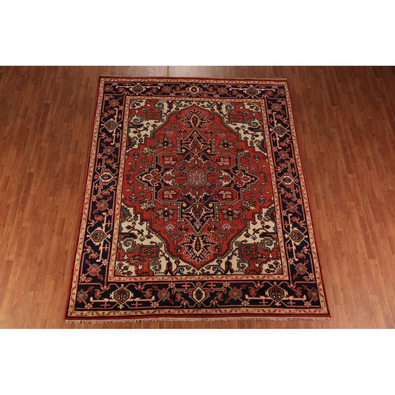Orange Geometric Heriz Serapi Indian Area Rug Handmade Wool Carpet - 7'11"x 9'10"