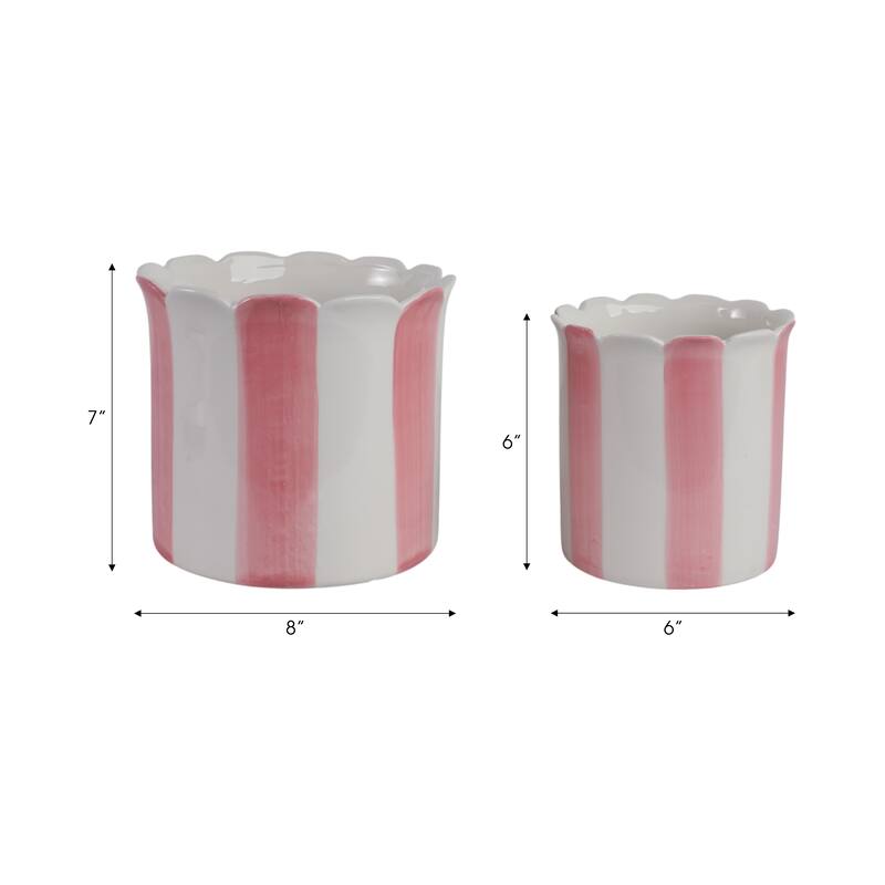Ceramic Planter Scalloped Edge and Vertical Textured Design (Set of 2) - 8" x 8" x 7"