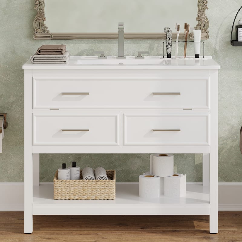 36" Bathroom Vanity with Ceramic Sink, Bathroom Vanity with Tip-Out Tray and 2 Full-Extension Drawers - White
