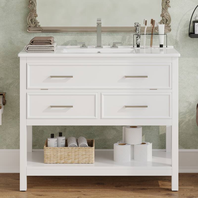 36" Bathroom Vanity with Ceramic Sink, Tip-Out Tray, 2 Full-Extension Soft Close Drawers, Silver Pulls and Open Shelf - White