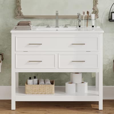 36" Bathroom Vanity with Ceramic Sink, Tip-Out Tray, 2 Full-Extension Soft Close Drawers, Silver Pulls and Open Shelf