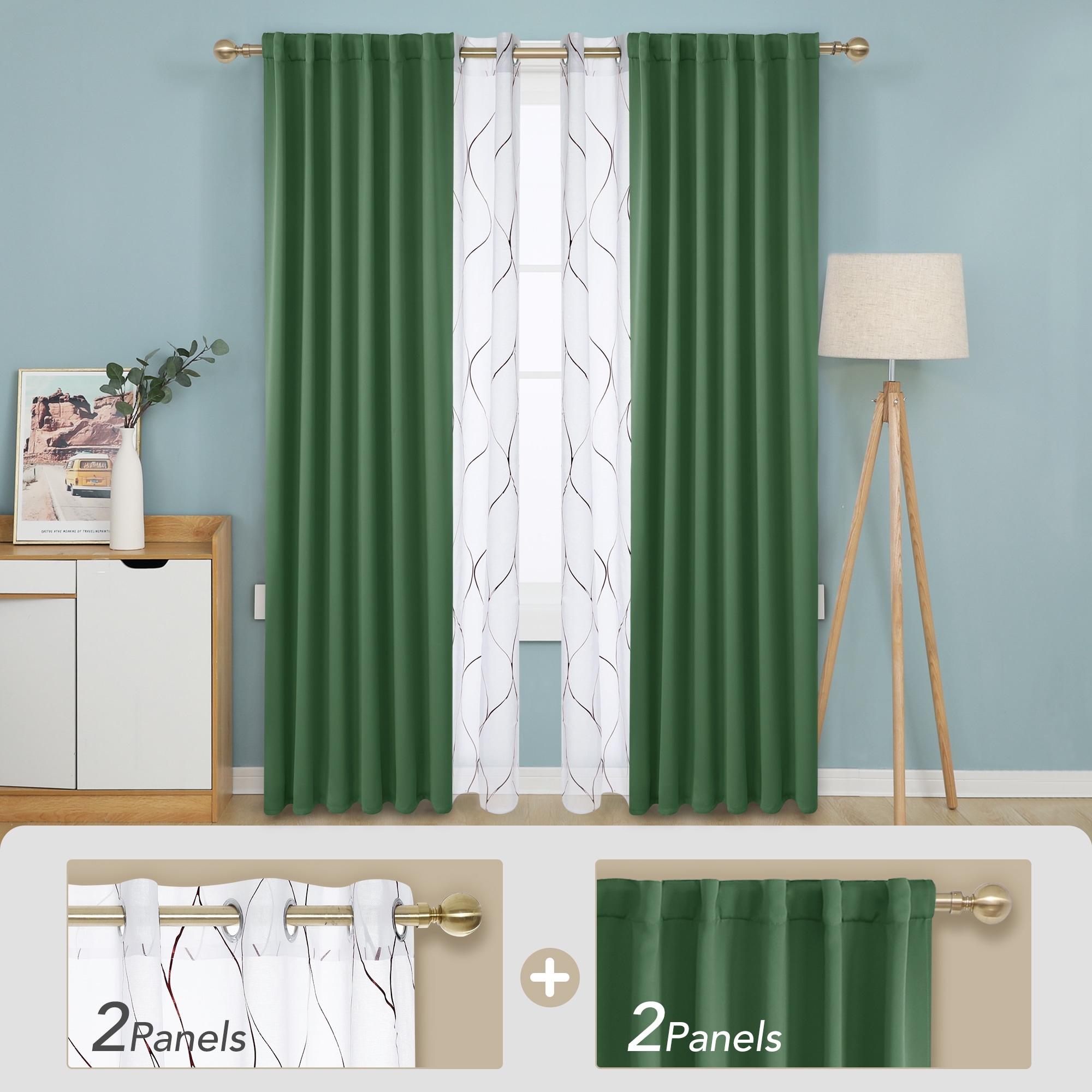 Deconovo Mix & Match Blackout and Bronze Print White Sheer 4 Piece Curtain Panel Set