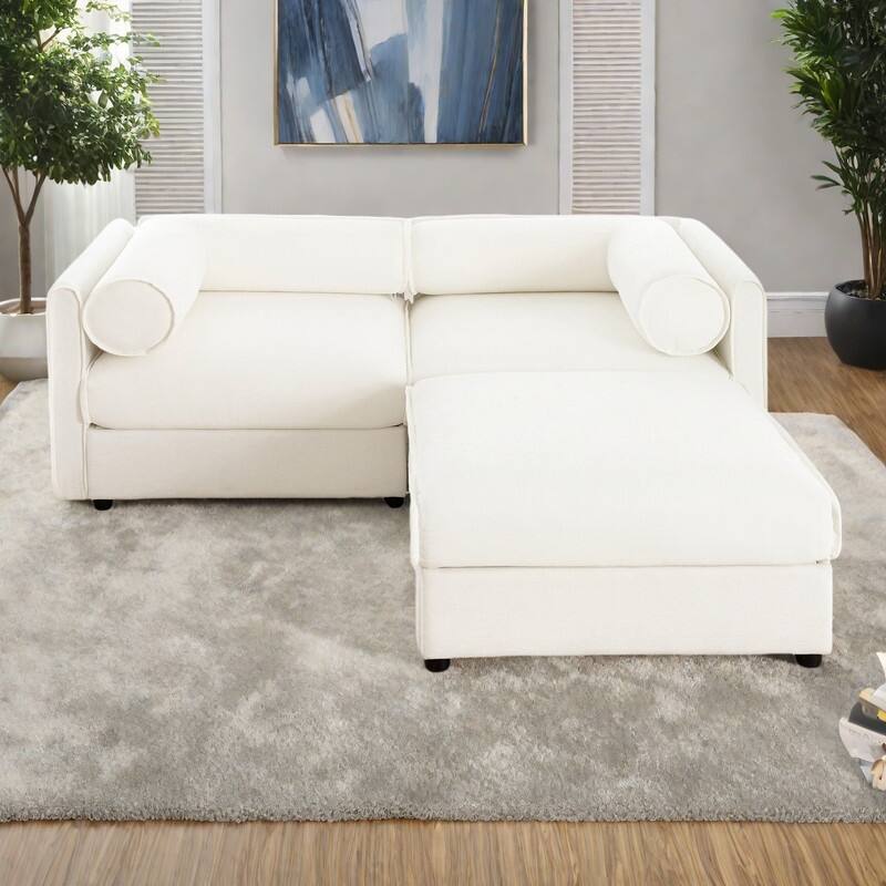 75.5" 2-Seater Chenille Sofa with Ottoman Storage, Cylindrical Backrest and Modular Design - White